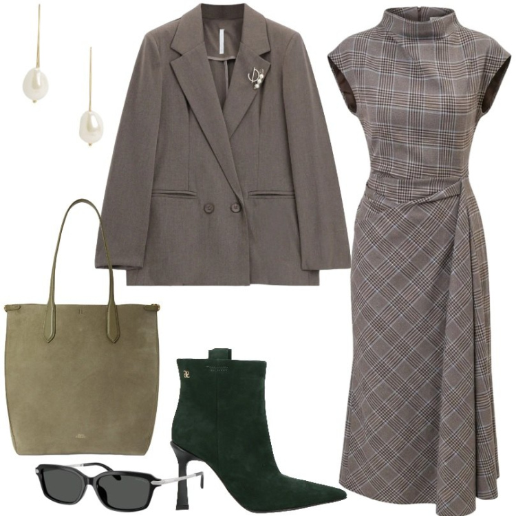Outfit donna - Occasioni formali. Stile Chic per Ufficio. Abbinamento con blazer, orecchini, borse tote, occhiali da sole, vestiti asimmetrici, stivaletti.