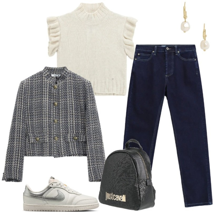 Outfit donna - La giacca per mille occasioni. Stile Sporty chic per Tutti i giorni. Abbinamento con orecchini, cappotti, maglieria, jeans slim fit, zaini, sneakers.