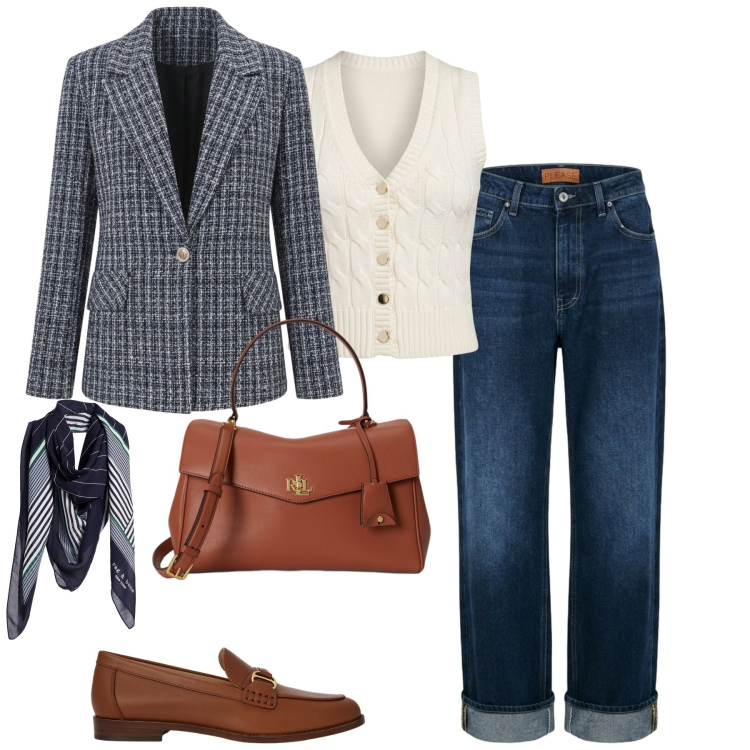 Outfit donna - So British. Stile Casual chic per Tutti i giorni. Abbinamento con maglieria, borse a mano, mocassini, jeans dritti, blazer, sciarpe.