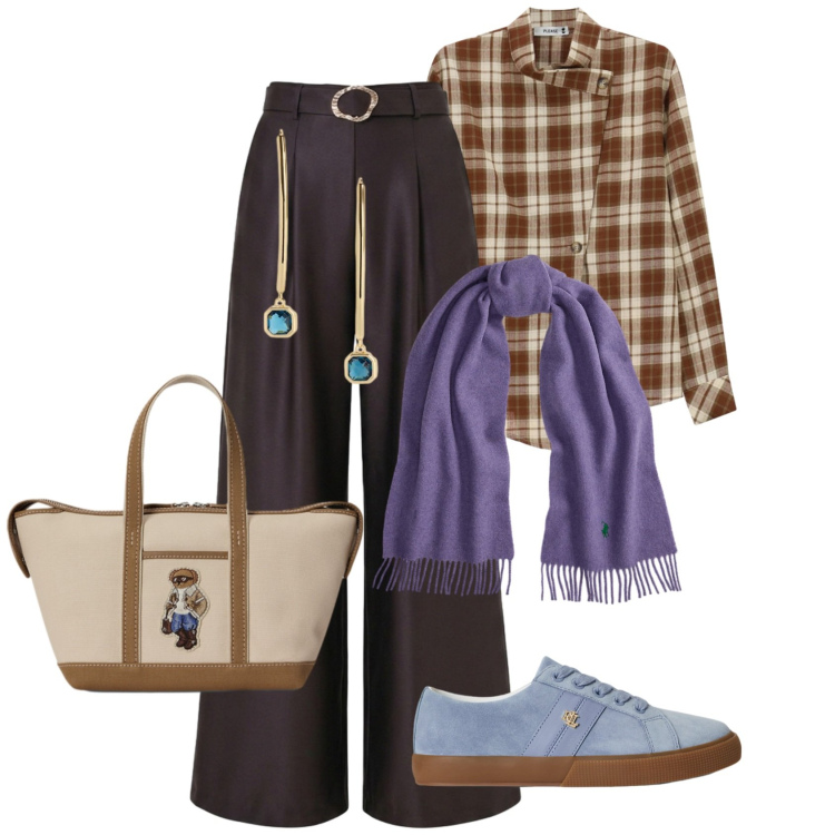 Outfit donna - Total look #2487959. Stile Casual chic per Tutti i giorni. Abbinamento con sciarpe, sneakers, orecchini, borse tote, camicie, pantaloni a palazzo.