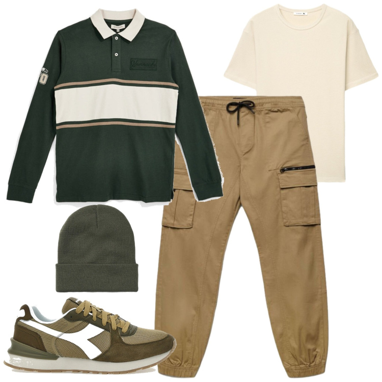 Outfit uomo - Ottobre. Stile Casual per Tutti i giorni. Abbinamento con pantaloni cargo, berretti, t-shirt, sneakers, polo.
