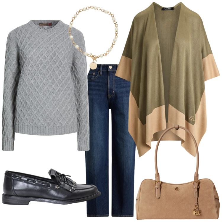 Outfit donna - Total look #2487970. Stile Casual chic per Tutti i giorni. Abbinamento con collane, cappe, borse a mano, jeans dritti, mocassini, pullovers.