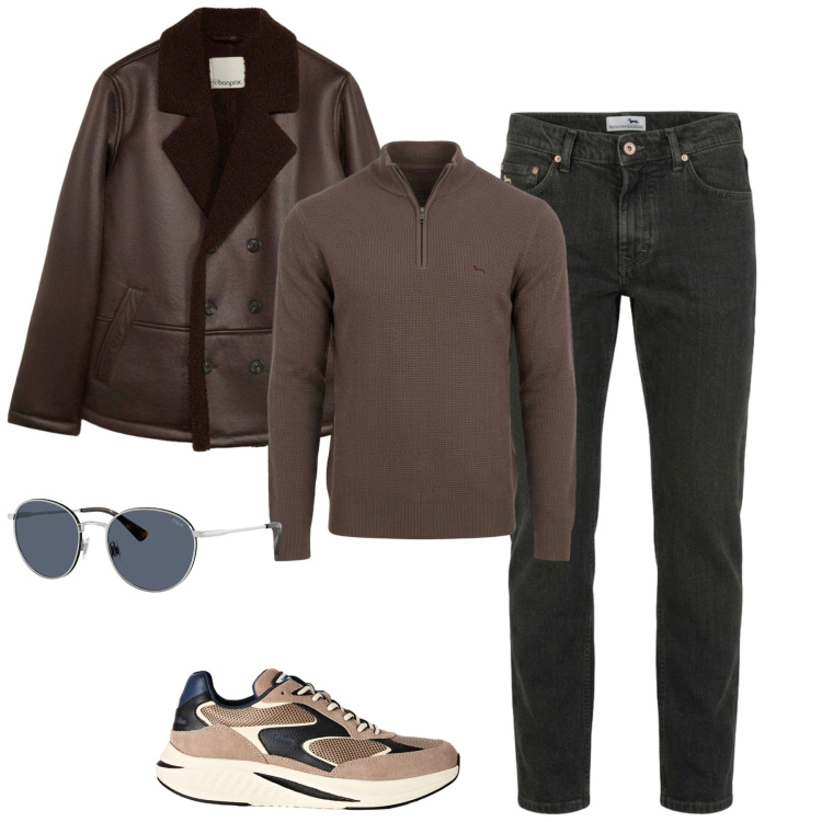 Outfit uomo - Ottoobre dinamico. Stile Urban per Tutti i giorni. Abbinamento con sneakers, pullovers, jeans, occhiali da sole, giacche.