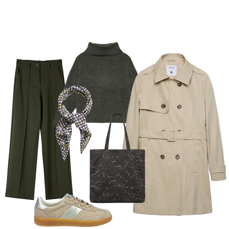 Outfit donna - Eleganza d’autunno in stile British. Stile Casual chic per Tutti i giorni. Abbinamento con pantaloni, trench, shopping bag, pullovers, foulard, sneakers.