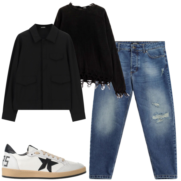 Outfit uomo - Ottobre. Stile Casual per Tutti i giorni. Abbinamento con jeans strappati, maglieria, sneakers, cappotti.