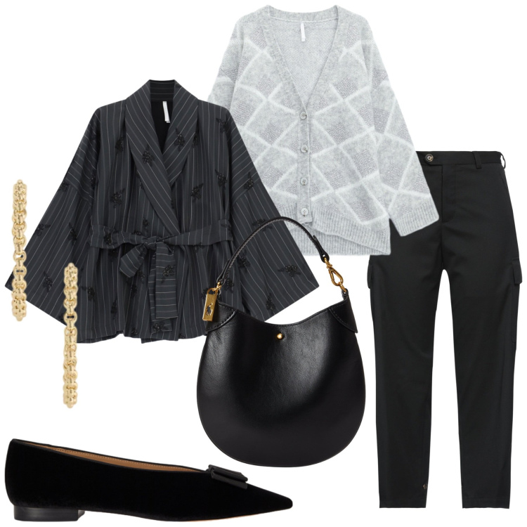 Outfit donna - Total look #2487978. Stile Chic per Ufficio. Abbinamento con cardigans, kimono, pochette, orecchini, ballerine, pantaloni cargo.