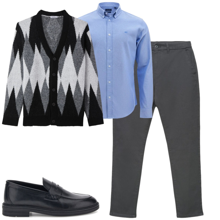 Outfit uomo - City. Stile Urban per Ufficio. Abbinamento con cardigans, pantaloni chino, camicie, scarpe stringate.
