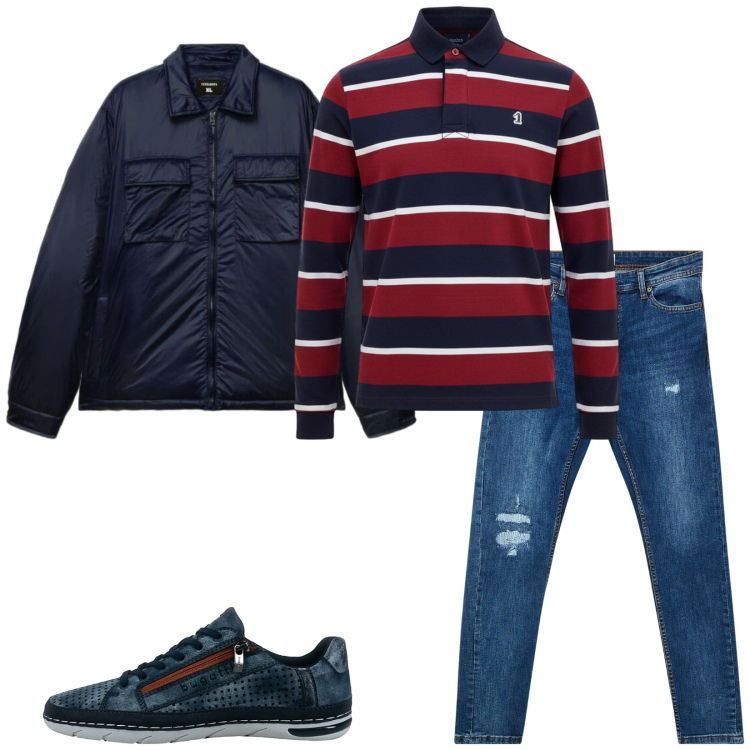 Outfit uomo - Stripes. Stile Casual per Tutti i giorni. Abbinamento con jeans strappati, cappotti, sneakers, polo.