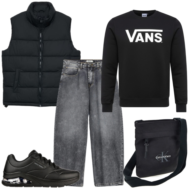 Outfit uomo - Ok boy. Stile Urban per Tutti i giorni. Abbinamento con jeans, piumini, sneakers, borse sportive, felpe.