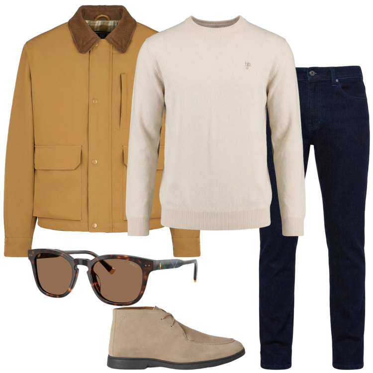 Outfit uomo - Autunno. Stile Casual per Tutti i giorni. Abbinamento con stivali e stivaletti, maglieria, jeans, occhiali da sole, piumini.