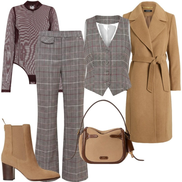 Outfit donna - Vernissage d'arte. Stile Chic per Tutti i giorni. Abbinamento con body, cappotti, borse a mano, stivaletti, gilet, pantaloni.