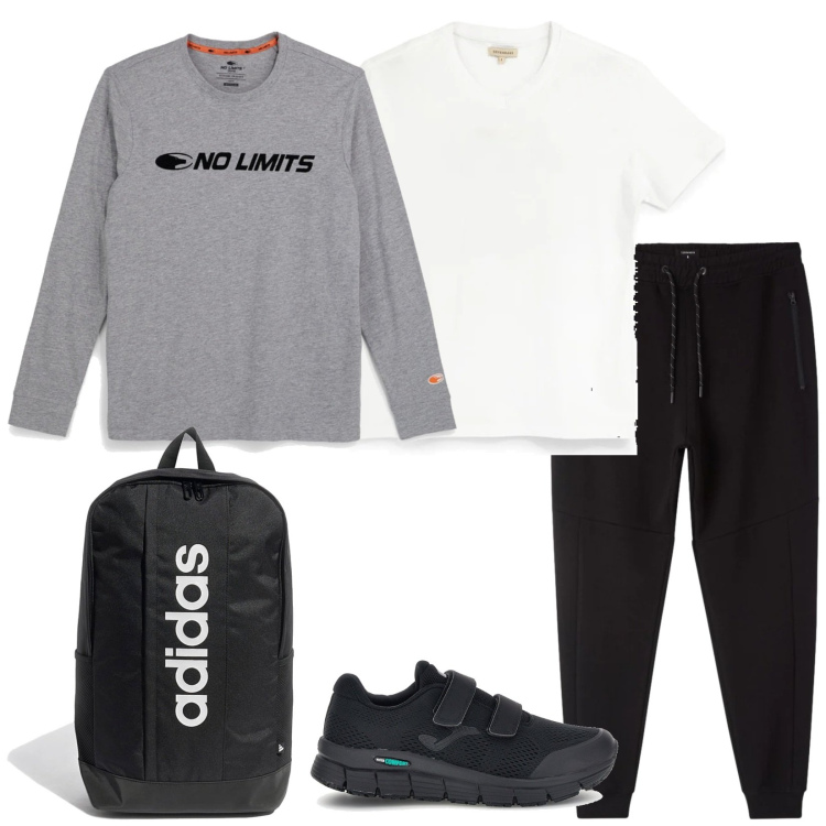 Outfit uomo - Sporty. Stile Casual per Sport. Abbinamento con pantaloni, borse sportive, t-shirt, t-shirt, sneakers.