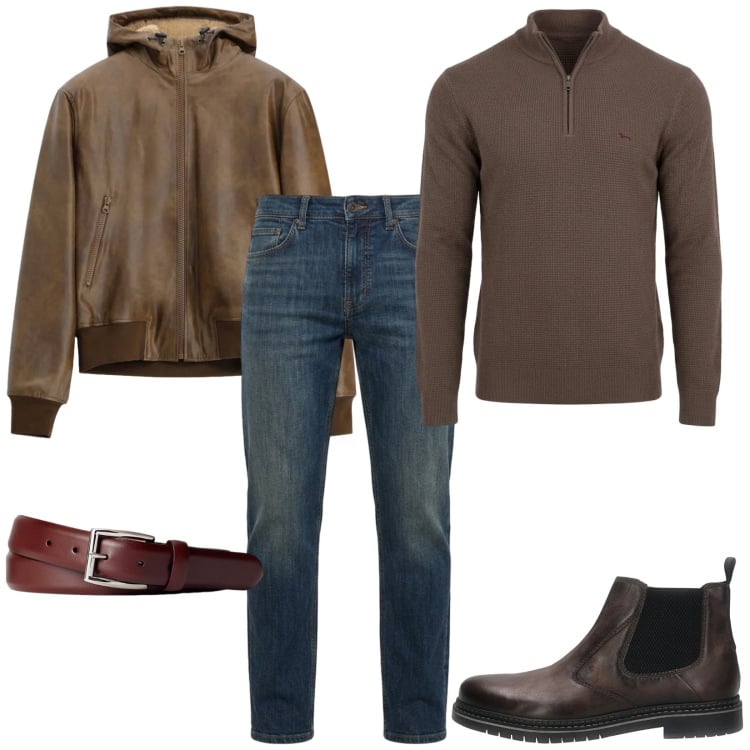 Outfit uomo - Brown. Stile Trendy per Tutti i giorni. Abbinamento con pullovers, jeans, bomber, cinture, stivali e stivaletti.