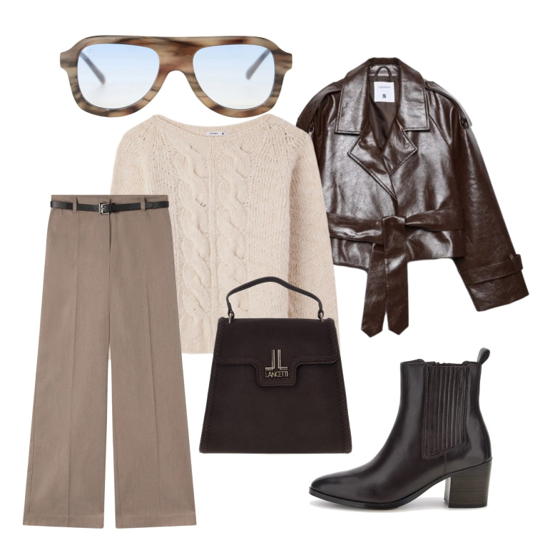 Outfit donna - Gradazioni marroni. Stile Casual per Tutti i giorni. Abbinamento con occhiali da sole, pantaloni, pullovers, trench, stivaletti, borse a mano.