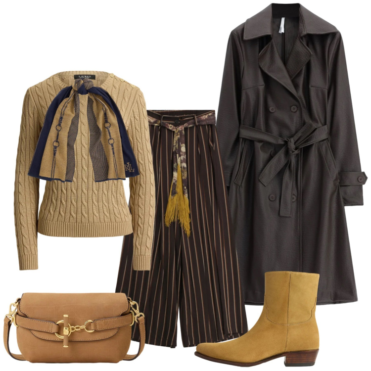 Outfit donna - Da mattina a sera con il trench. Stile Chic per Tutti i giorni. Abbinamento con trench, maglieria, borse a spalla, stivaletti, sciarpe, pantaloni a palazzo.