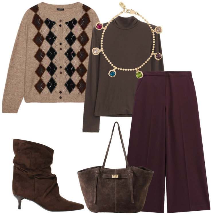 Outfit donna - Total look #2488017. Stile Chic per Ufficio. Abbinamento con t-shirt, pantaloni a palazzo, stivali, cardigans, braccialetti, shopping bag.