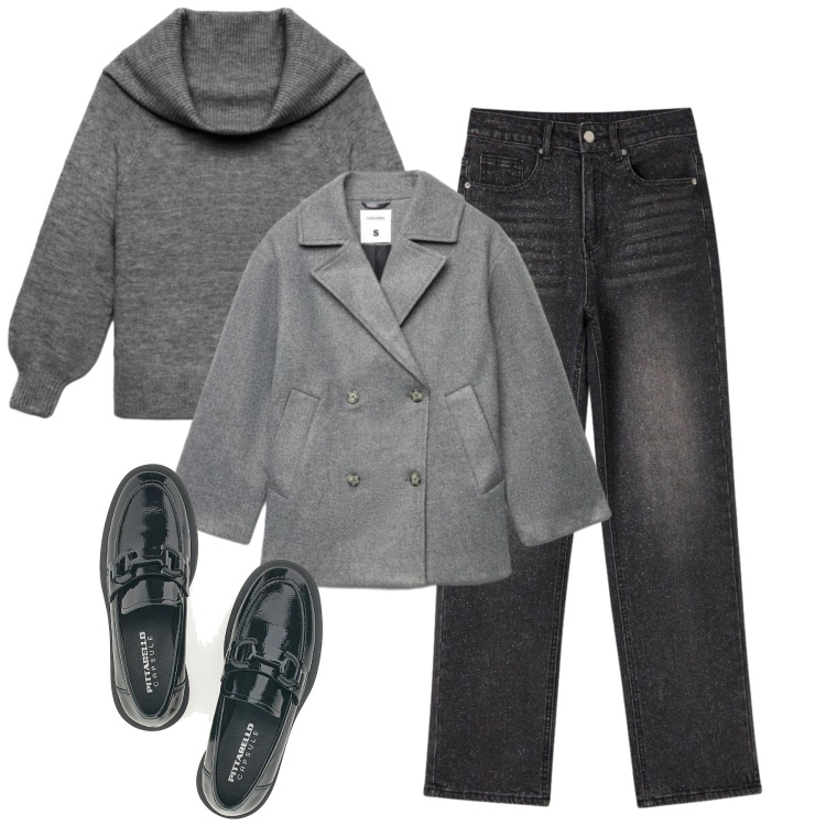 Outfit donna - City. Stile Urban per Tutti i giorni. Abbinamento con caban, jeans, maglieria, mocassini.