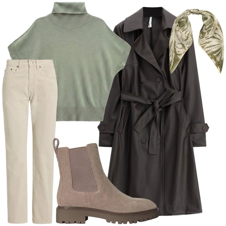 Outfit donna - Abbinamenti autunnali. Stile Chic per Ufficio. Abbinamento con t-shirt, trench, pantaloni, stivaletti, foulard.