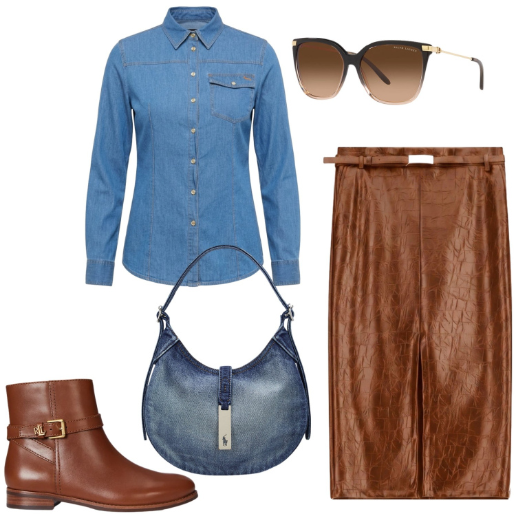 Outfit donna - Total look #2488029. Stile Chic per Tutti i giorni. Abbinamento con camicie, gonne longuette, occhiali da sole, borse a spalla, stivaletti.