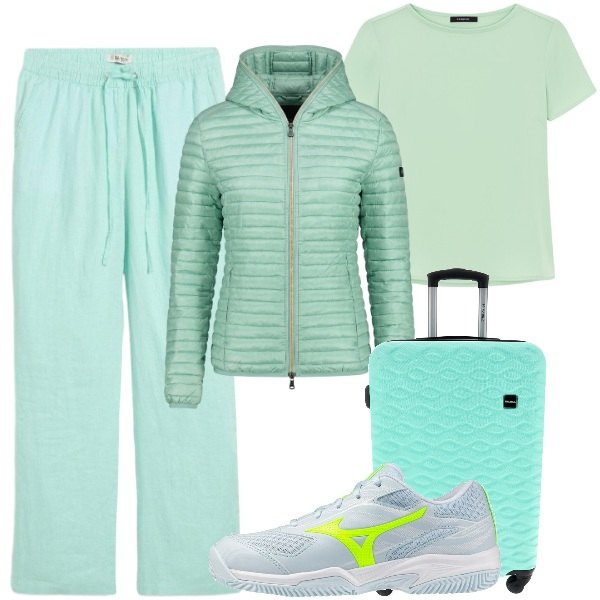 Outfit donna - Fresh mint. Stile Sporty chic per Sport. Abbinamento con pantaloni, t-shirt, piumini, sneakers, valigie.