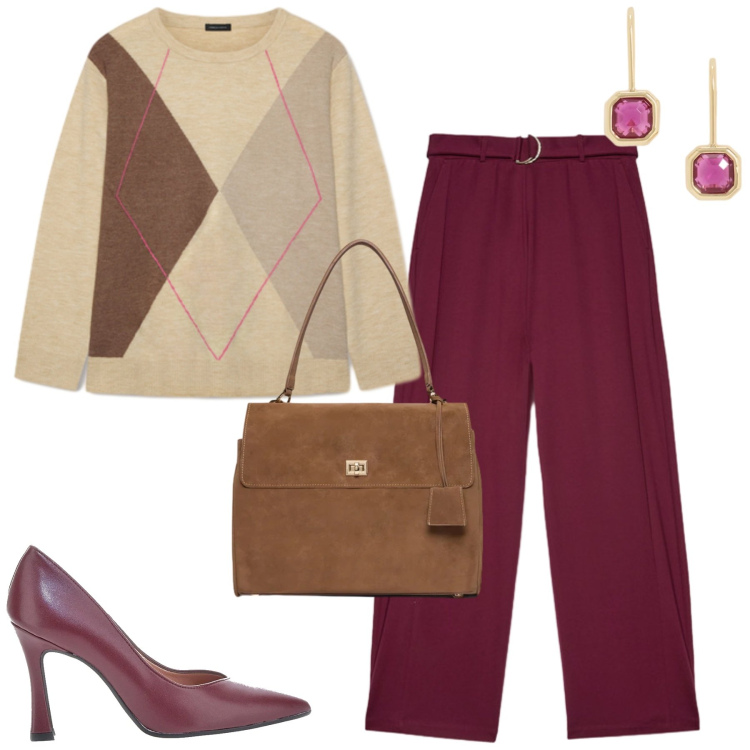 Outfit donna - City. Stile Trendy per Tutti i giorni. Abbinamento con pantaloni a palazzo, borse a mano, maglieria, orecchini, décolleté.