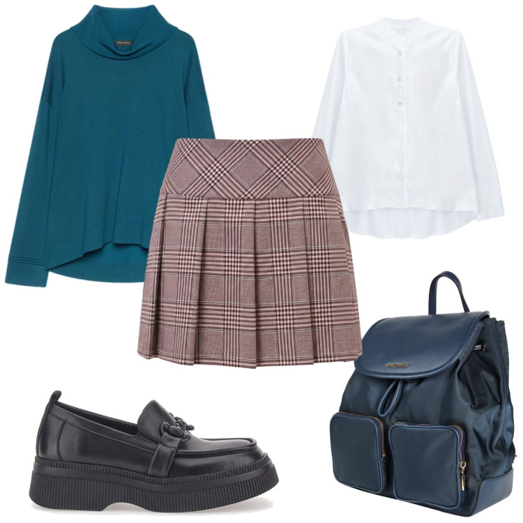Outfit donna - Stile Preppy autunnale a scuola. Stile Preppy per Scuola/Università. Abbinamento con camicie, pullovers, minigonne, zaini, mocassini.