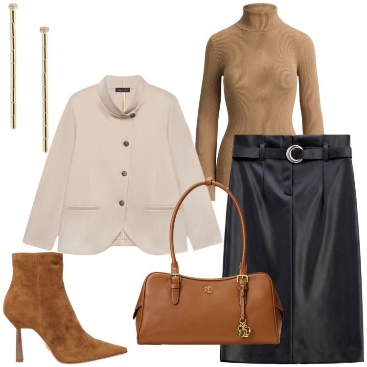 Outfit donna - Total look #2488034. Stile Glamour per Tutti i giorni. Abbinamento con gonne longuette, blazer, borse a mano, orecchini, t-shirt, stivaletti.