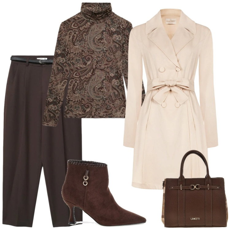 Outfit donna - Il trench che sta su tutto. Stile Chic per Ufficio. Abbinamento con trench, pantaloni chino, t-shirt, stivaletti, borse a tracolla.