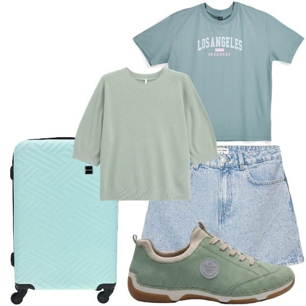 Outfit donna - Viaggiare leggera. Stile Sporty chic per Tutti i giorni. Abbinamento con sneakers, shorts, maglieria, t-shirt, valigie.