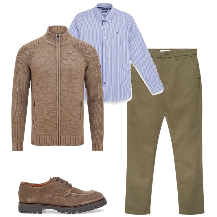 Outfit uomo - In ufficio. Stile Urban per Ufficio. Abbinamento con pantaloni chino, scarpe stringate, pullovers, camicie.