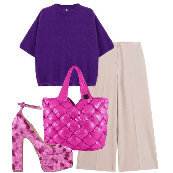 Outfit donna - Accostamento audace. Stile Urban per Serata fuori. Abbinamento con pantaloni a palazzo, maglieria, borse tote, décolleté.