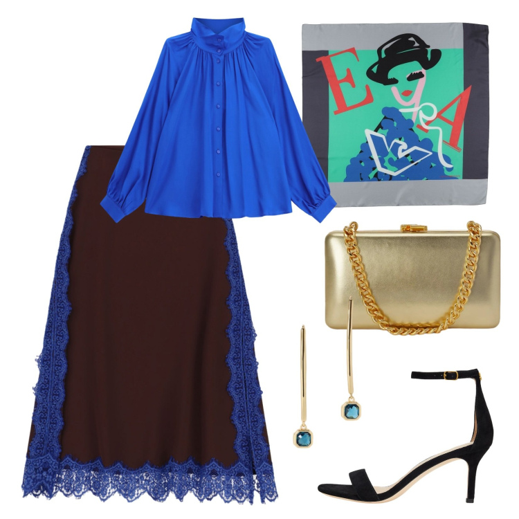 Outfit donna - Misteriosa e chic. Stile Glamour per Serata fuori. Abbinamento con camicie, gonne lunghe, sandali in pelle, clutch, orecchini, sciarpe.