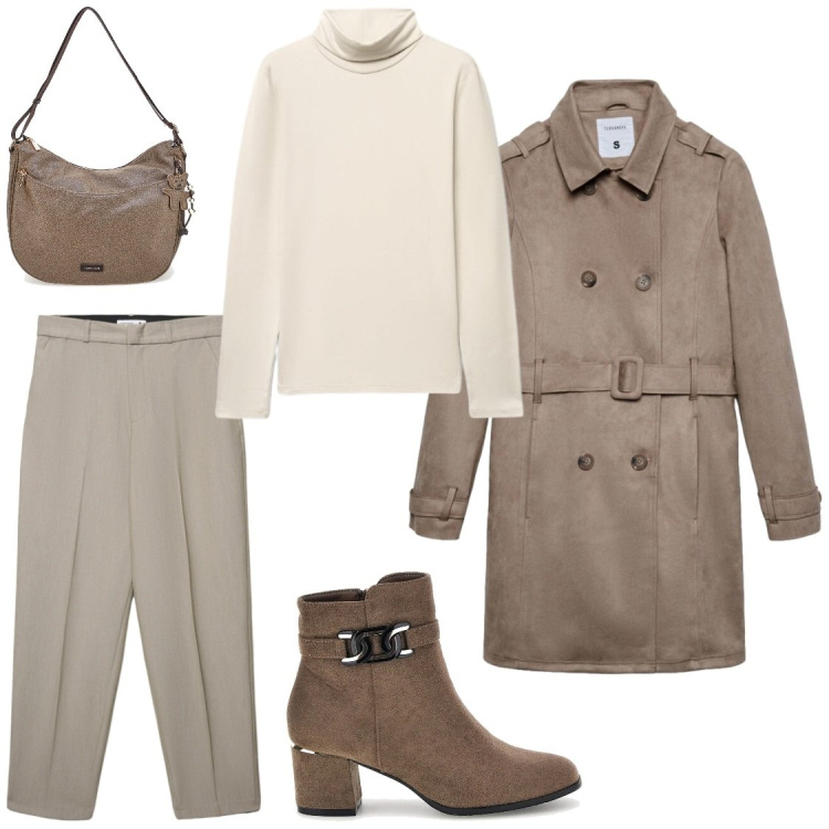 Outfit donna - Colori tenui autunnali. Stile Chic per Ufficio. Abbinamento con pantaloni chino, trench, t-shirt, borse a spalla, stivaletti.