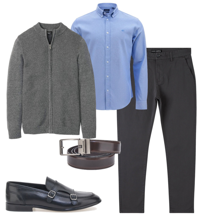 Outfit uomo - In ufficio. Stile Urban per Ufficio. Abbinamento con pantaloni chino, cardigans, scarpe stringate, camicie, cinture.