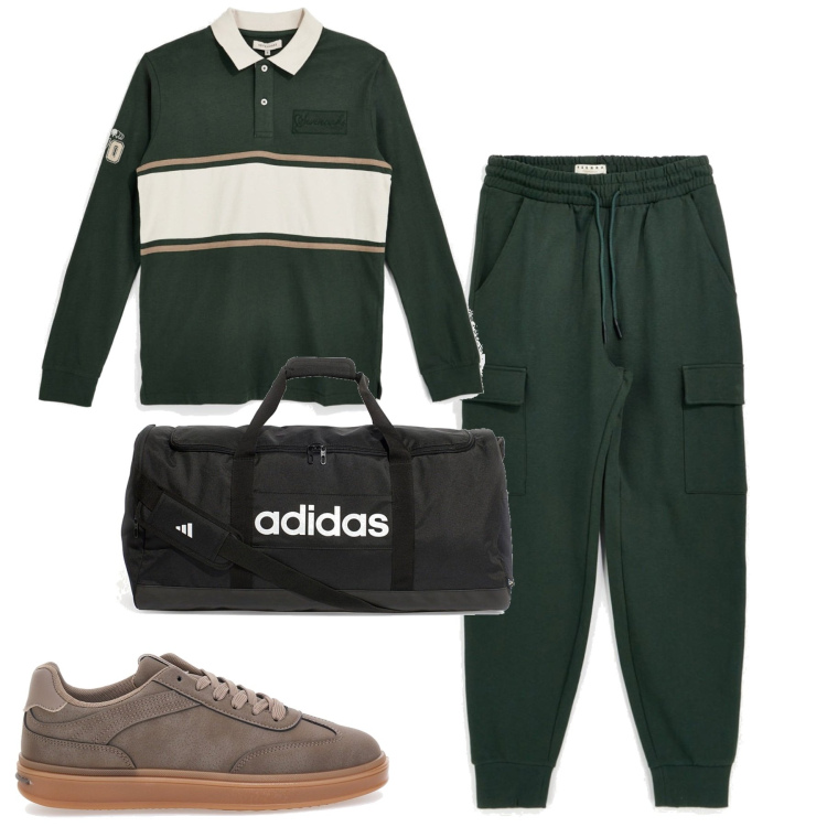 Outfit uomo - Sporty. Stile Casual per Tutti i giorni. Abbinamento con sneakers, borse sportive, pantaloni cargo, polo.