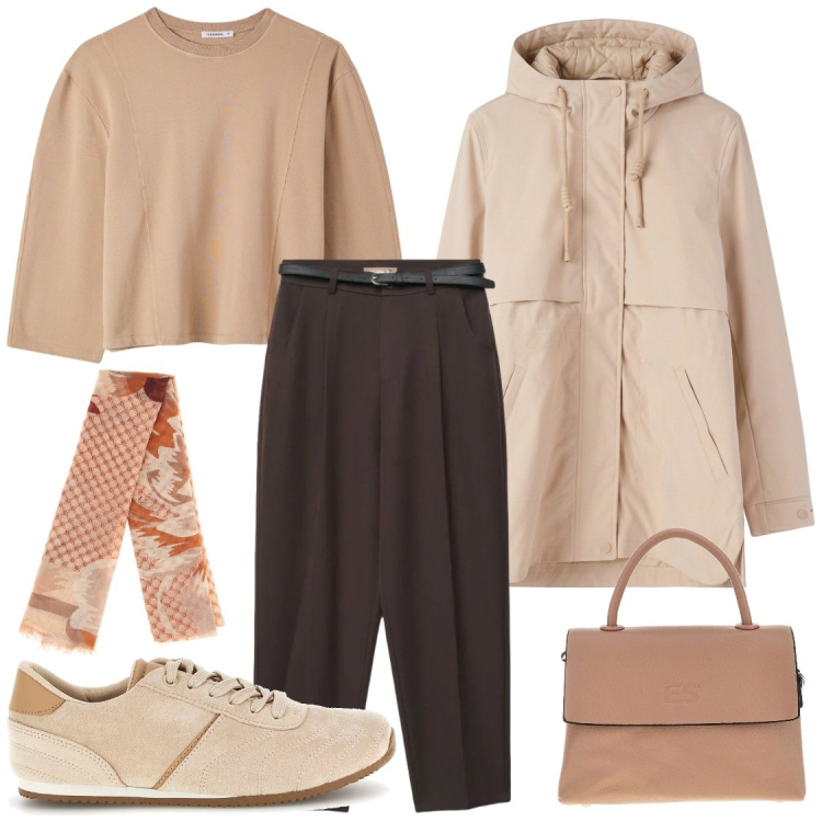 Outfit donna - Il low cost raffinato e armonioso. Stile Casual chic per Ufficio. Abbinamento con t-shirt, parka, pantaloni chino, borse a tracolla, foulard, sneakers.