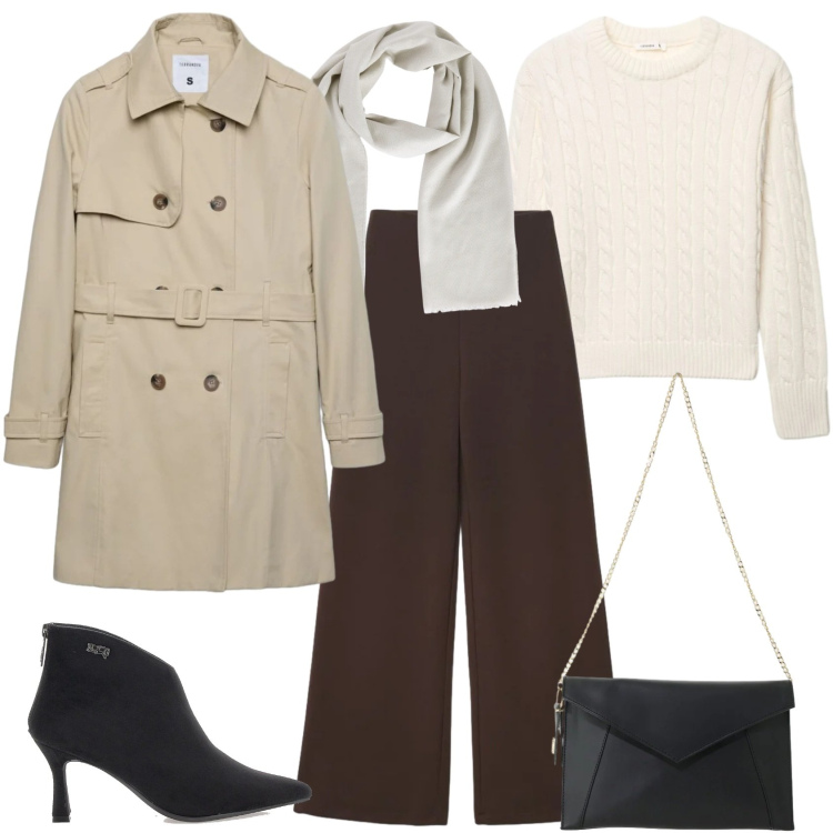 Outfit donna - Trench oversize: il gioco delle proporzi. Stile Urban per Tutti i giorni. Abbinamento con borse a tracolla, pantaloni a palazzo, trench, maglieria, foulard, stivaletti.