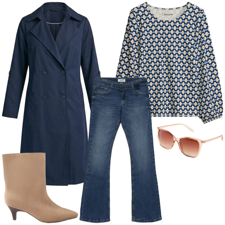 Outfit donna - Trench blu. Stile Chic per Ufficio. Abbinamento con trench, jeans a zampa, bluse, stivaletti, occhiali da sole.
