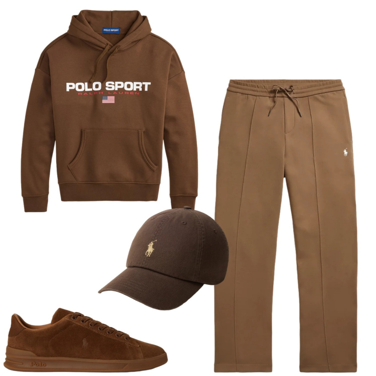 Outfit uomo - Ralph Lauren. Stile Casual per Tutti i giorni. Abbinamento con cappelli con visiera, felpe con cappuccio, pantaloni, sneakers.
