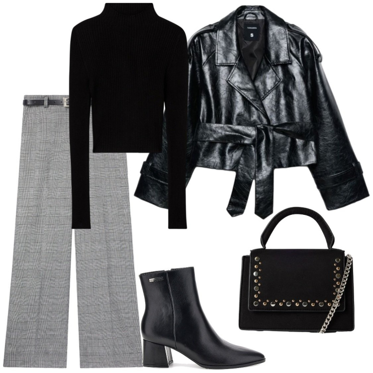 Outfit donna - Trench in pelle corto. Stile Chic per Ufficio. Abbinamento con pantaloni, borse a tracolla, pullovers, trench, stivaletti.