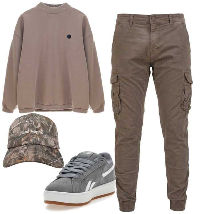 Outfit uomo - City. Stile Casual per Tutti i giorni. Abbinamento con cappelli con visiera, pantaloni cargo, sneakers, felpe.