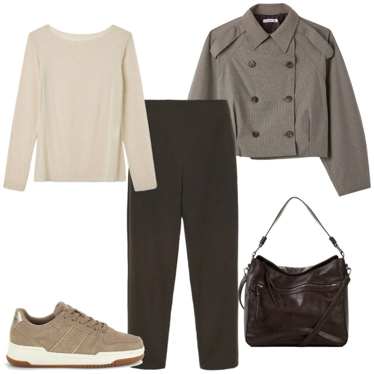 Outfit donna - I basic raffinati. Stile Casual chic per Tutti i giorni. Abbinamento con t-shirt, caban, pantaloni, sneakers, borse a tracolla.
