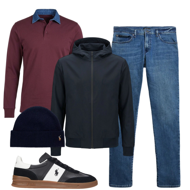 Outfit uomo - City. Stile Trendy per Tutti i giorni. Abbinamento con polo, sneakers, jeans, berretti, bomber.