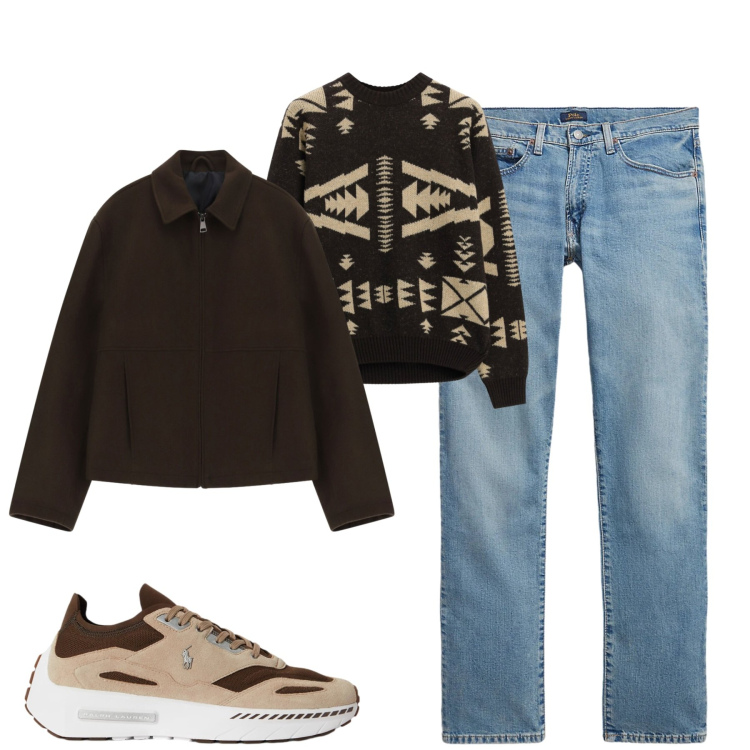Outfit uomo - Fall. Stile Trendy per Tutti i giorni. Abbinamento con maglieria, cappotti, jeans, sneakers.