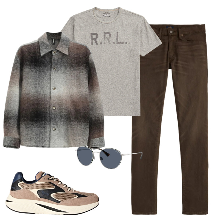 Outfit uomo - Toni autunnali. Stile Casual per Tutti i giorni. Abbinamento con sneakers, cappotti, t-shirt, occhiali da sole, jeans.