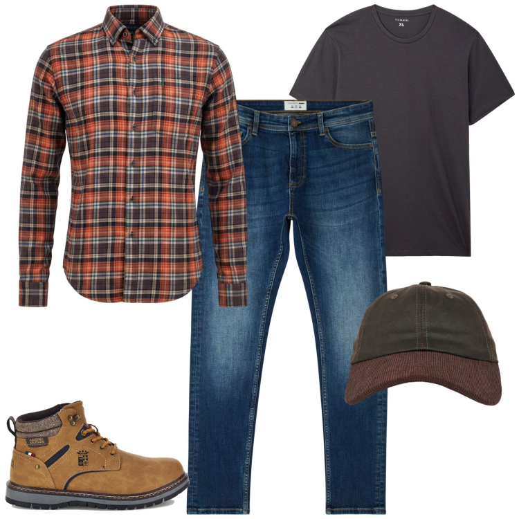 Outfit uomo - Colori della terra. Stile Casual per Tutti i giorni. Abbinamento con jeans skinny, cappelli con visiera, t-shirt, camicie, anfibi.