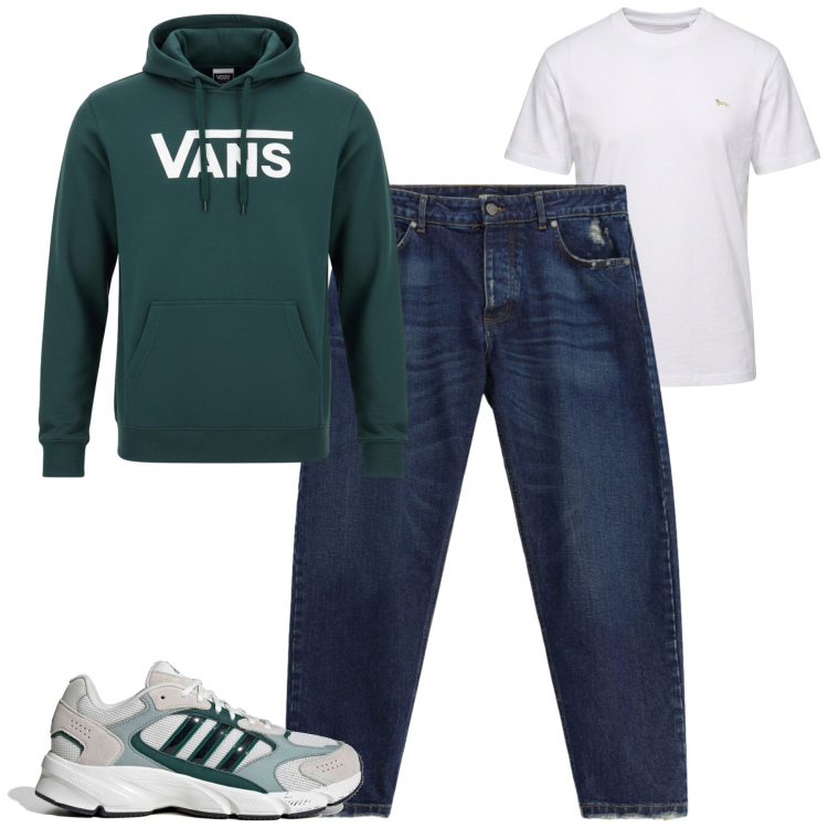 Outfit uomo - Vans. Stile Casual per Tutti i giorni. Abbinamento con t-shirt, jeans, felpe con cappuccio, sneakers.