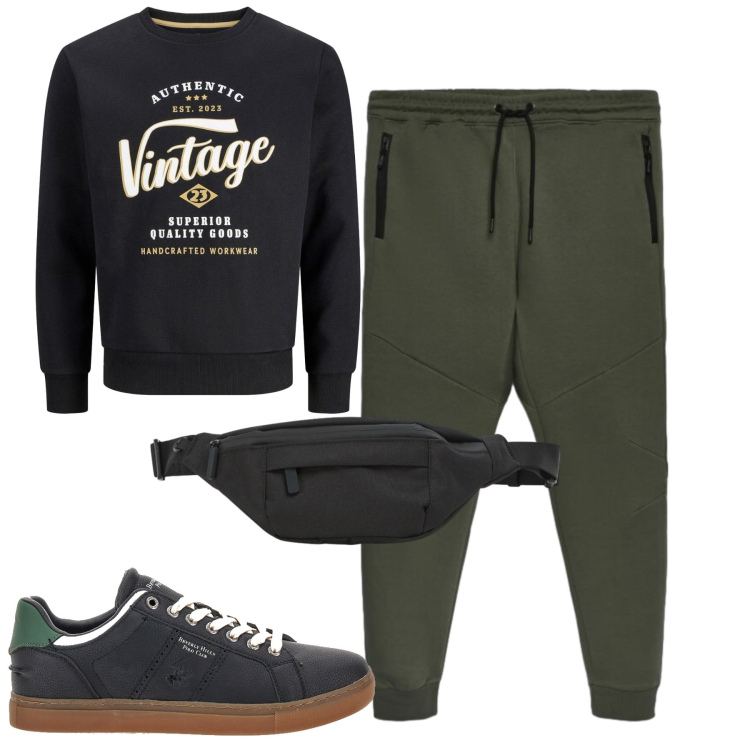 Outfit uomo - Vintage. Stile Casual per Tutti i giorni. Abbinamento con borse sportive, pantaloni, sneakers, felpe.