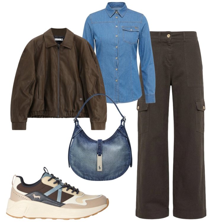 Outfit donna - City. Stile Casual chic per Tutti i giorni. Abbinamento con sneakers, camicie, pantaloni cargo, giacche, borse a spalla.