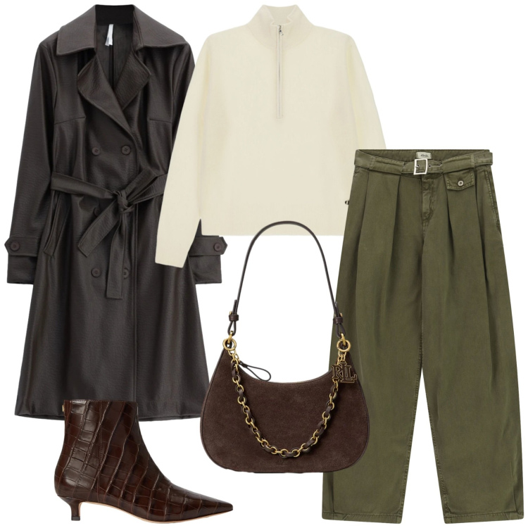 Outfit donna - Trench oversize: il gioco delle proporzi. Stile Urban per Tutti i giorni. Abbinamento con trench, borse a spalla, stivaletti, pantaloni a palazzo, pullovers.